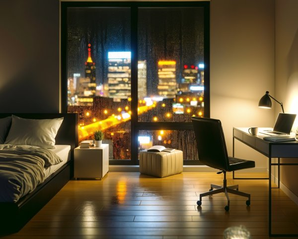 Cozy bedroom with city skyline view and warm lighting