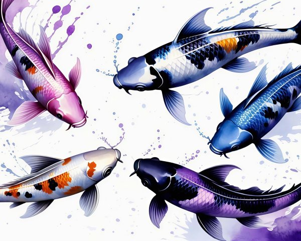 Colorful Koi Fish in Watercolor Against White Background