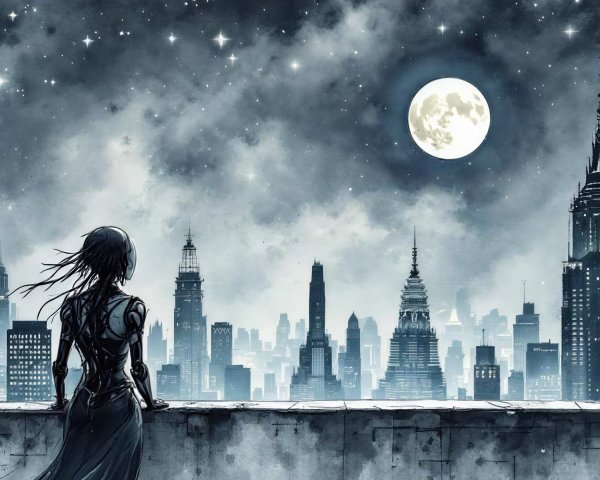 Dystopian Cyborg Anime Girl in Futuristic Cityscape