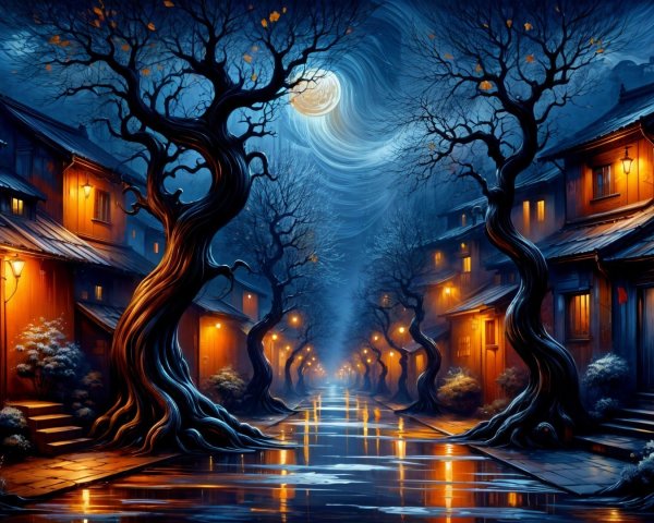 Moonlit Street with Eerie Houses and Barren Trees