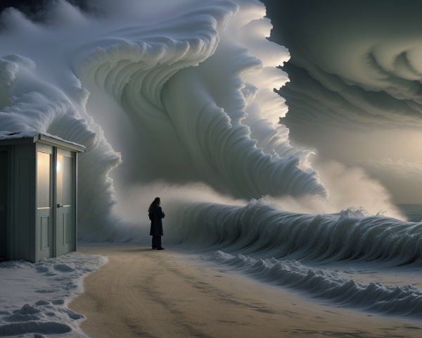 Solitary Figure Observes Stormy Waves and Clouds