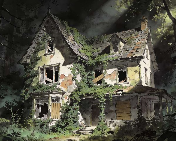 Derelict 19th-Century Victorian House in Forest Clearing