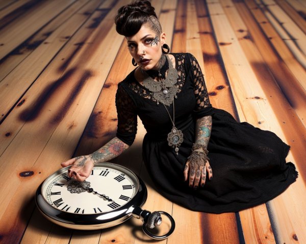 Elegant Figure in Black Lace Dress with Vintage Clock