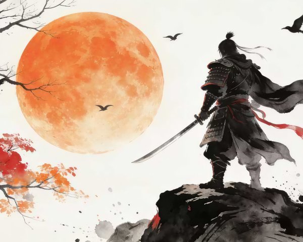 Ukiyo-e Artwork of Samurai Warrior and Full Moon