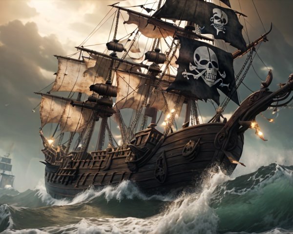 Majestic pirate ship in turbulent seas with black sails