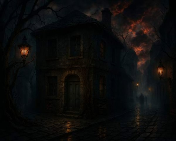 Gothic Night Street with Gas Lamp and Stone House