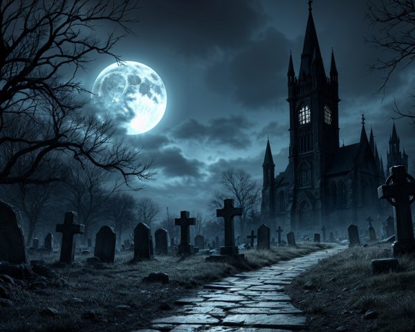 Haunting Nighttime Graveyard with Gothic Church