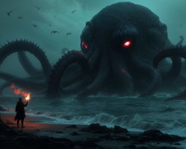 Ominous Octopus Creature Overlooks Turbulent Ocean Waves