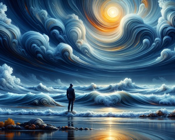 Lone Figure at Tranquil Shoreline with Dramatic Sky