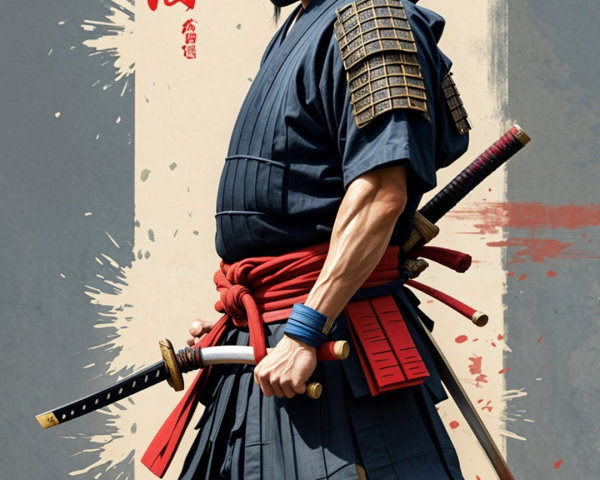 Fierce Samurai in Dark Armor with Red Sash and Katana
