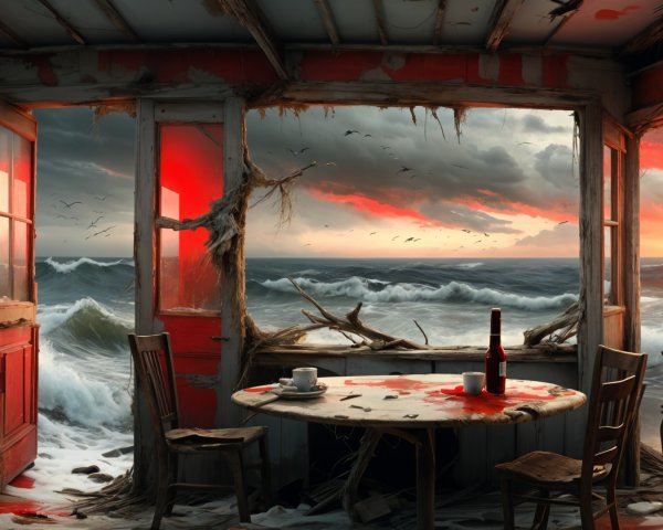 Dilapidated Room Overlooking Dramatic Sunset Seascape