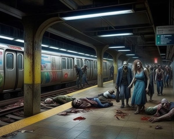 Dimly Lit Subway Station with Zombie Figures