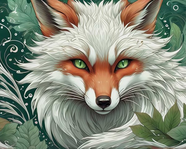 Digital painting of a white fox with green eyes