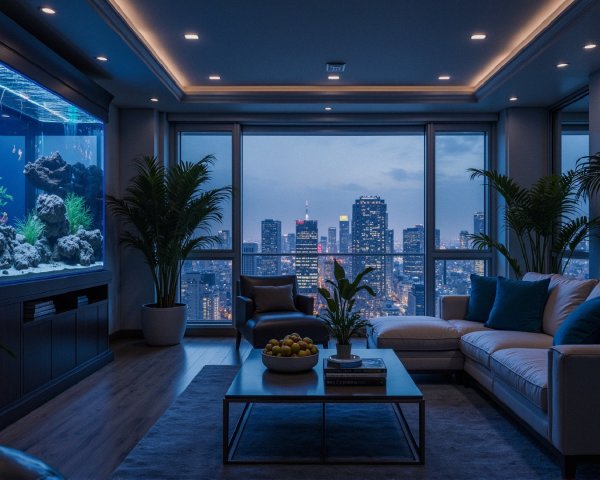 Modern Living Room with Large Aquarium and City View