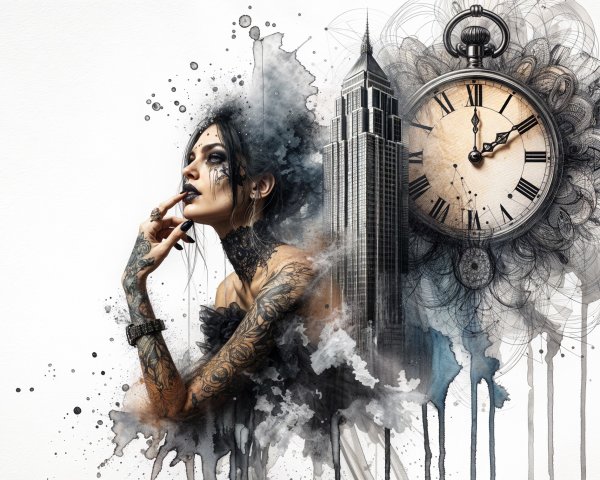 Woman with Tattoos Next to Clock and Skyscraper