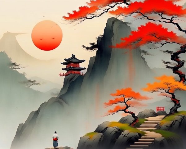 Serene landscape with mountains and red sunset
