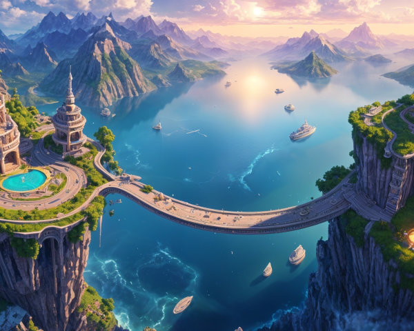 Fantasy Landscape with Spires, Palaces, and Waterways