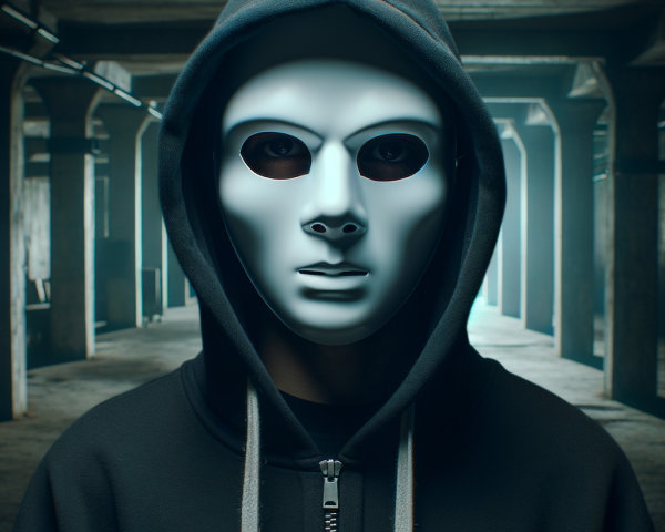 Figure in Hoodie and White Mask in Dim Industrial Space