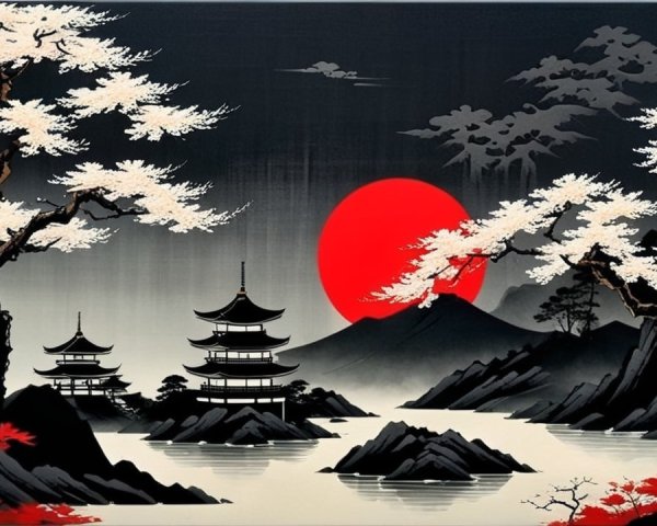 Serene Japanese Landscape at Dusk with Cherry Blossoms
