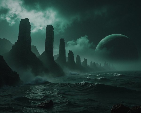 Dark Atmospheric Landscape with Towering Rock Formations