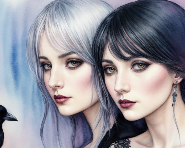 Ethereal Women with Green Eyes and Black Crow
