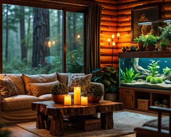 Cozy Rustic Living Room with Aquarium and Forest View
