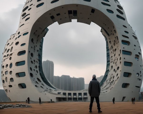 Futuristic building with circular opening and urban backdrop