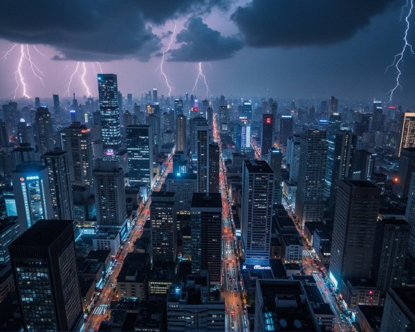 Cityscape at Night with Stormy Sky and Lightning