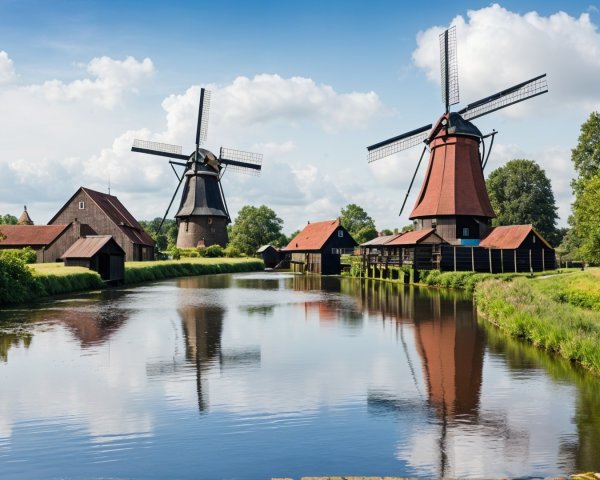 Traditional Windmills by a Tranquil River Landscape