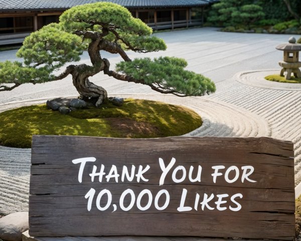 Serene Japanese garden with bonsai and rustic sign