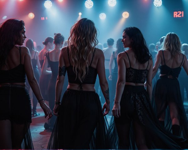 Vibrant Nightclub Scene with Dancers in Stylish Outfits
