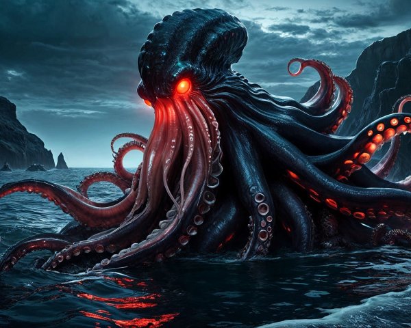 Dark Octopus-like Creature Emerges from Stormy Ocean