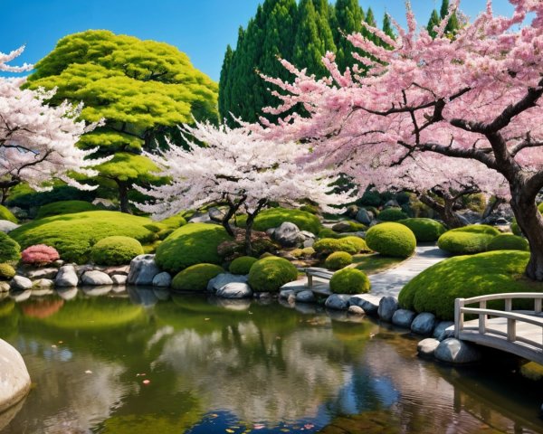 Vibrant Cherry Blossom Garden with Pond and Bridge
