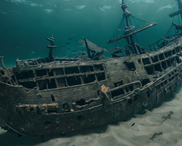 Eerie Shipwreck on Ocean Floor Surrounded by Fish