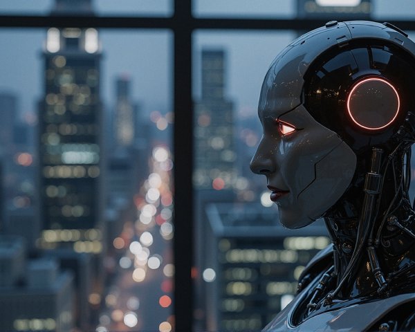 Futuristic Robot Overlooking City Skyline at Dusk