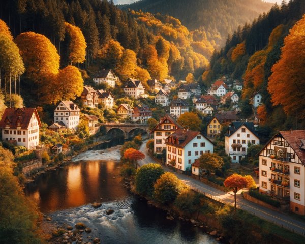 Picturesque Village Surrounded by Autumn Foliage