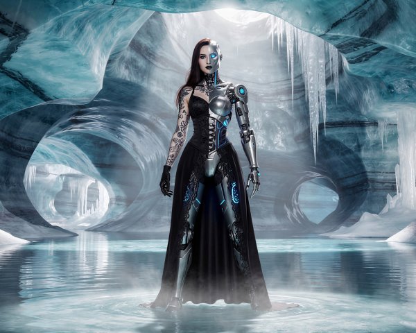 Cyborg Woman in Fantastical Ice Cave Setting