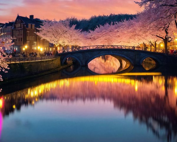 Vibrant Night Scene of a Canal City with Stone Bridge