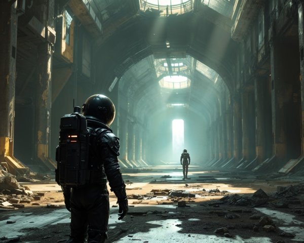 Astronauts in an Abandoned Industrial Hall with Light Rays
