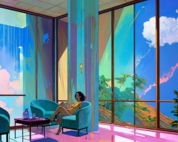 Futuristic Interior with Woman in Plush Teal Chair