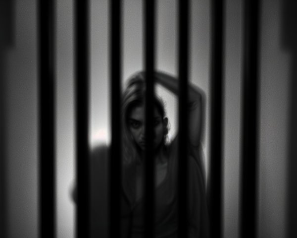 Figure Behind Vertical Bars in Soft Dramatic Lighting