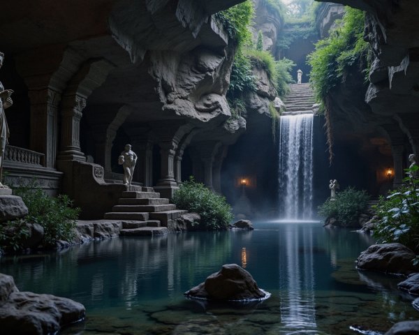 Serene Underground Cavern with Tranquil Pool and Waterfall