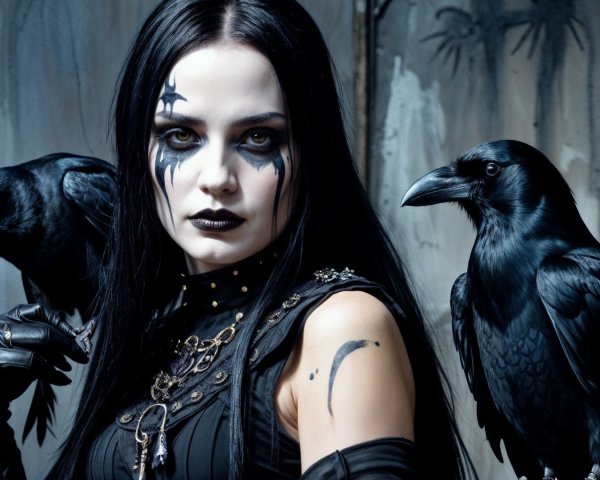 Striking figure in black attire with ravens in dark setting