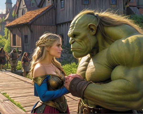 Orc and Woman Share Moment in Enchanting Village Scene