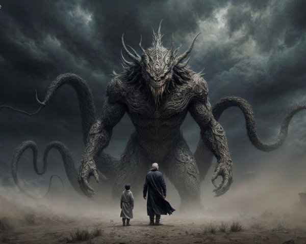 Confrontation Between Humanity and a Monstrous Being
