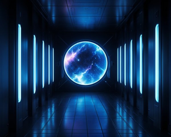 Futuristic corridor with glowing blue lights and portal