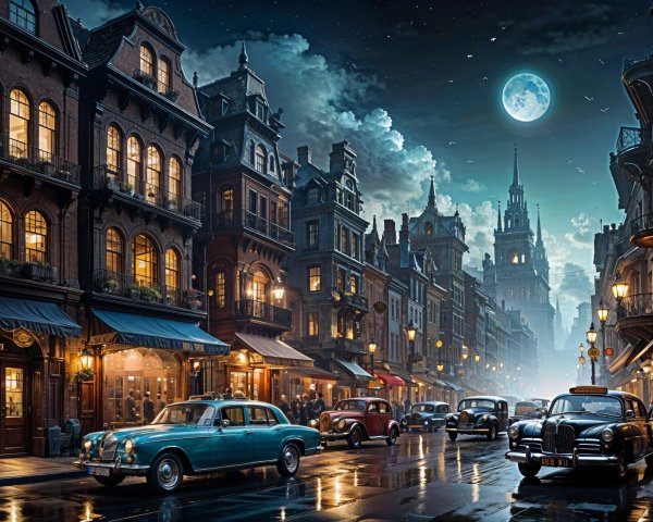 Moonlit Vintage Street Scene with Elegant Architecture