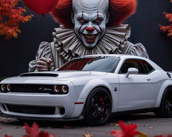 White Muscle Car and Clown Mural in Autumn Setting