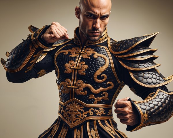 Fierce Warrior in Intricate Golden Armor Design