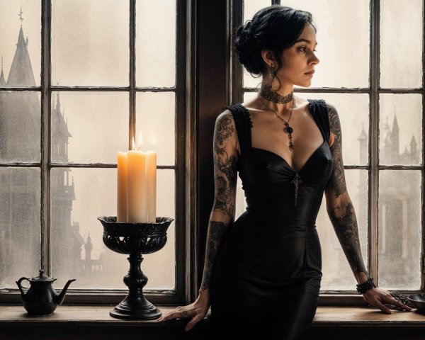 Elegant Woman in Black Gown by Gothic Window